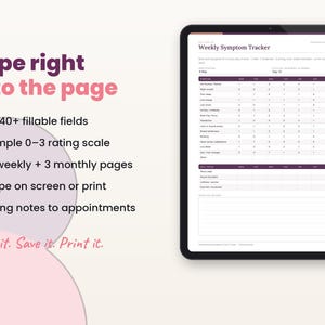 Filled-in example page of the perimenopause symptom tracker on a tablet with key features listed