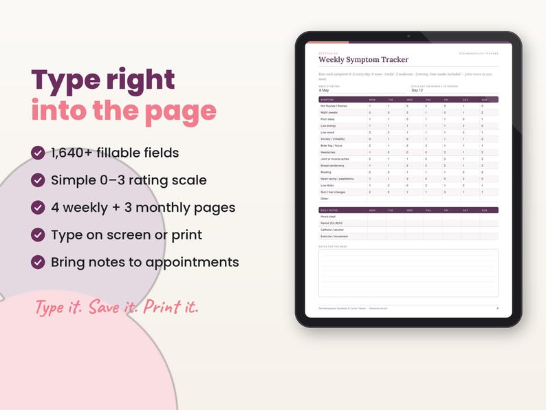 Filled-in example page of the perimenopause symptom tracker on a tablet with key features listed