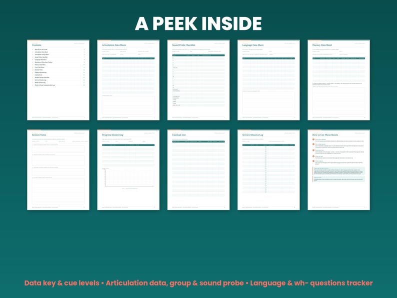Preview grid of pages inside the speech therapy data sheets