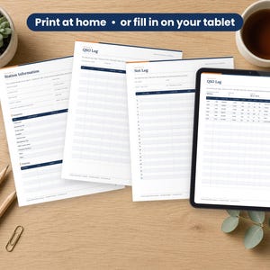 Ham Radio Logbook printed on a desk and shown on a tablet, printable and fillable