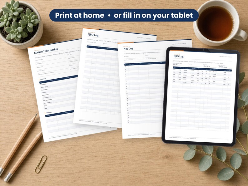 Ham Radio Logbook printed on a desk and shown on a tablet, printable and fillable