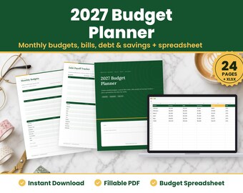 2027 Budget Planner Printable and Spreadsheet, Fillable Monthly Budget PDF, Bill Tracker, Debt Payoff, Savings and Sinking Funds, Letter A4