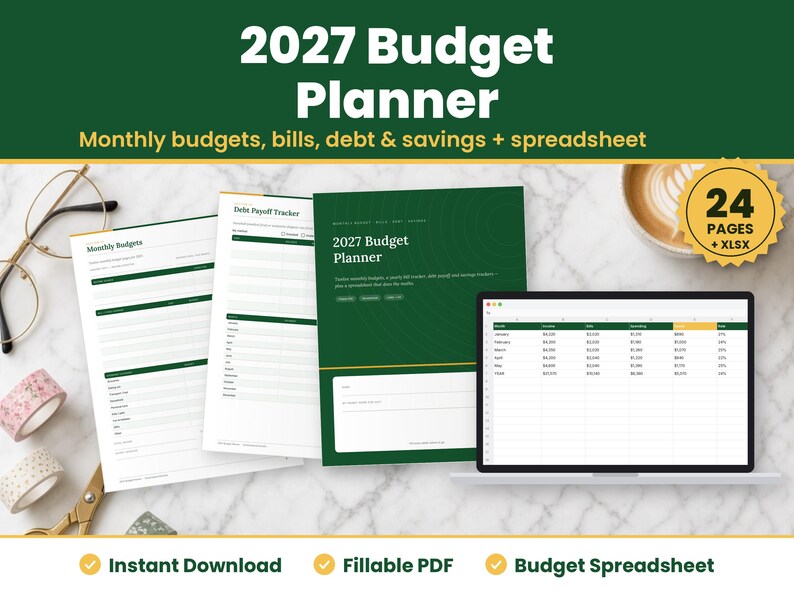 2027 Budget Planner digital download: printed pages and tablet showing the real 2027 budget planner pages