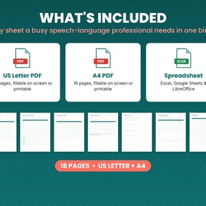 What is included in the speech therapy data sheets: files, formats and 18 pages