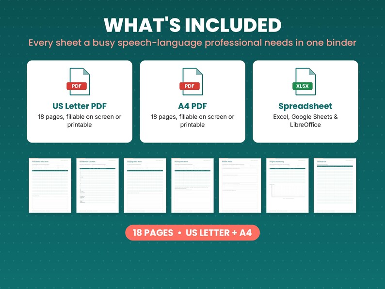 What is included in the speech therapy data sheets: files, formats and 18 pages