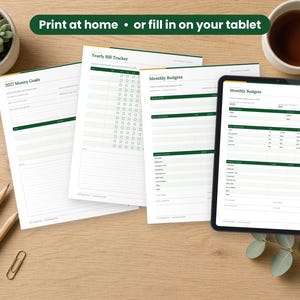 2027 Budget Planner printed on a desk and shown on a tablet, printable and fillable