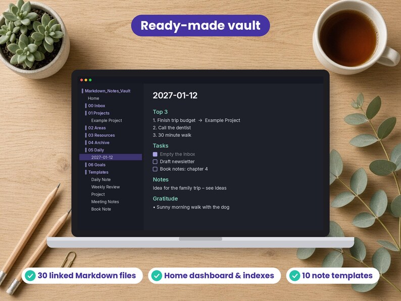 Markdown Notes Vault Template spreadsheet shown on a laptop