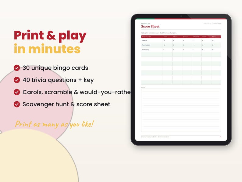 Filled-in example page of the christmas party games with key features listed