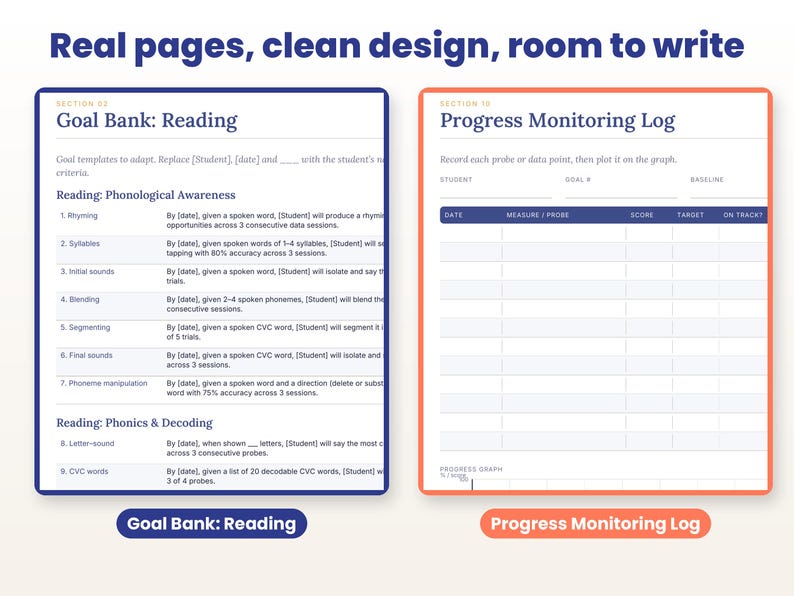 Close-up of real interior pages of the iep goal bank