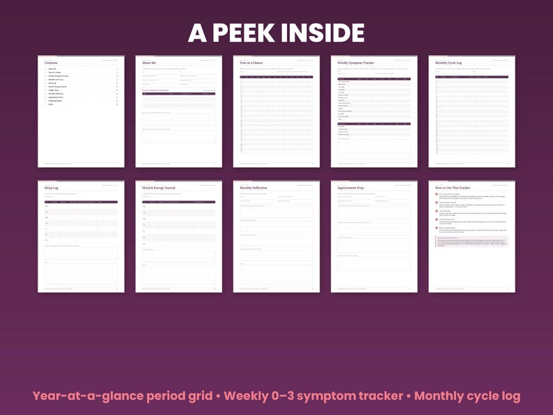 Preview grid of pages inside the perimenopause symptom tracker
