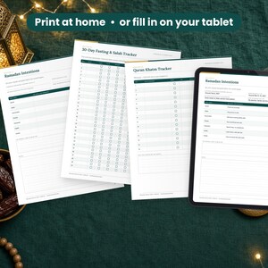 Ramadan Planner 2027 printed on a desk and shown on a tablet, printable and fillable