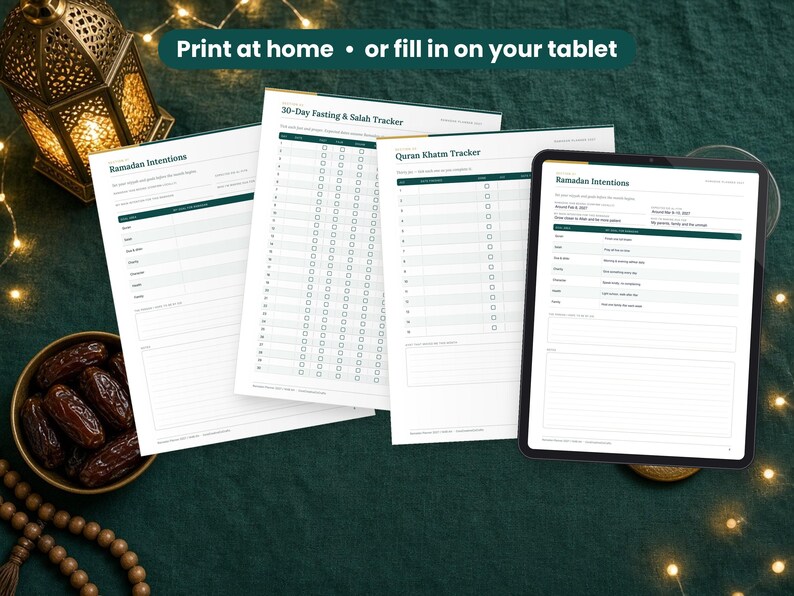 Ramadan Planner 2027 printed on a desk and shown on a tablet, printable and fillable