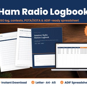 Ham Radio Logbook digital download hero image: printed pages and tablet showing the real ham radio logbook pages