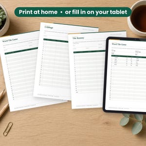 Game Night Score Sheets printed on a desk and shown on a tablet, printable and fillable