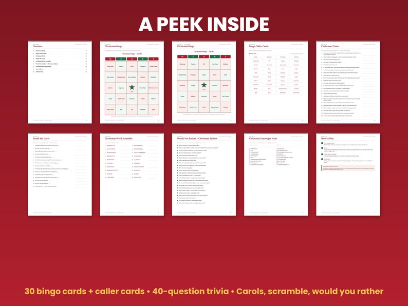 Preview grid of pages inside the christmas party games