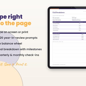 Filled-in example page of the 2027 goal setting workbook with key features listed