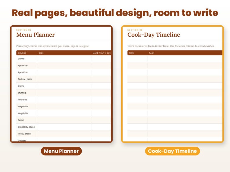 Close-up of real interior pages of the thanksgiving dinner planner