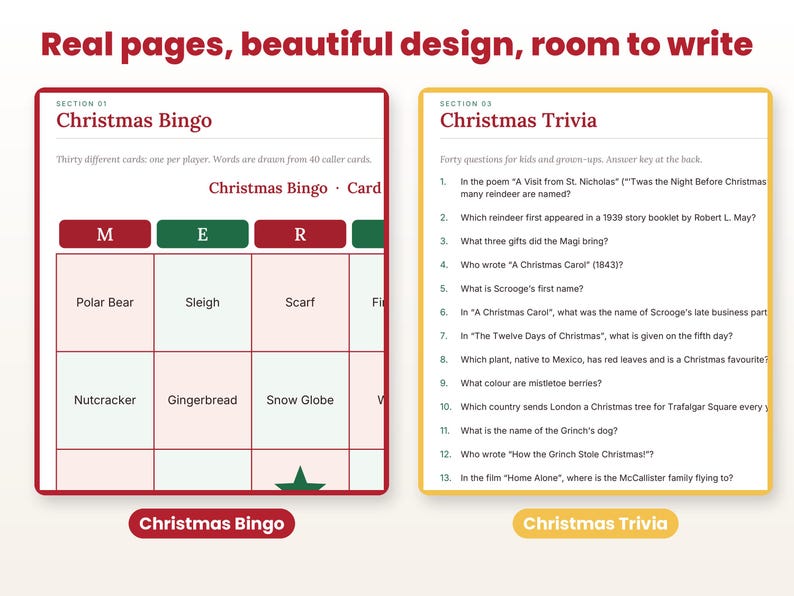 Close-up of real interior pages of the christmas party games