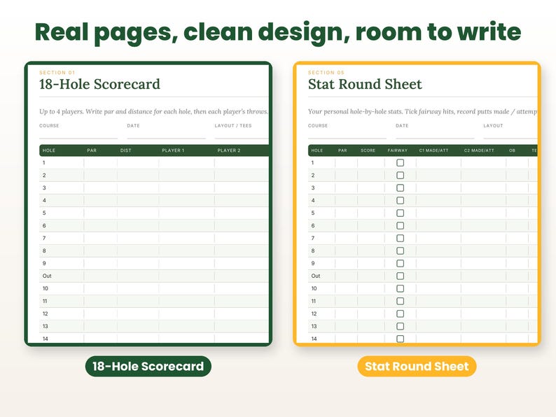 Close-up of real interior pages of the disc golf scorecard