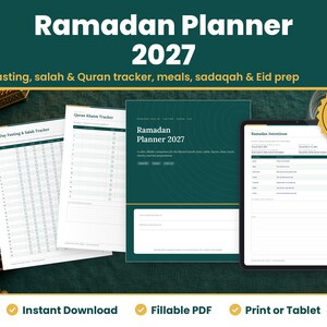 Ramadan Planner 2027 Printable, Fillable Ramadan Journal PDF, Quran Tracker, Fasting and Salah Tracker, Iftar Meal Planner, Eid Prep