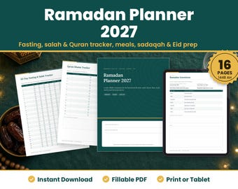 Ramadan Planner 2027 Printable, Fillable Ramadan Journal PDF, Quran Tracker, Fasting and Salah Tracker, Iftar Meal Planner, Eid Prep
