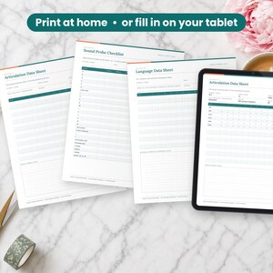 Speech Therapy Data Sheets printed on a desk and shown on a tablet, printable and fillable