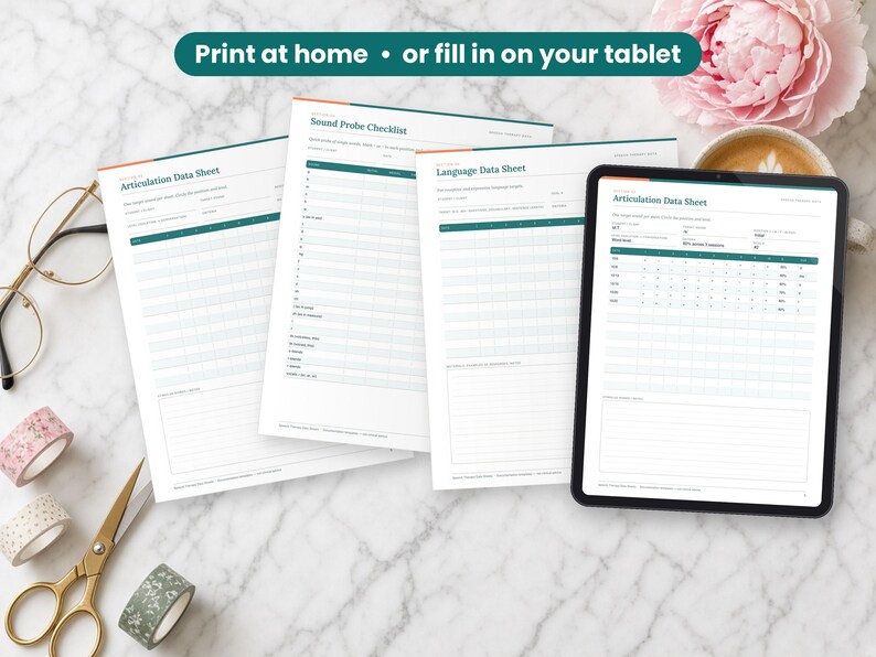 Speech Therapy Data Sheets printed on a desk and shown on a tablet, printable and fillable