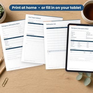 Family Caregiver Binder printed on a desk and shown on a tablet, printable and fillable