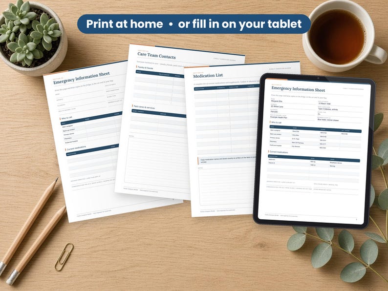 Family Caregiver Binder printed on a desk and shown on a tablet, printable and fillable