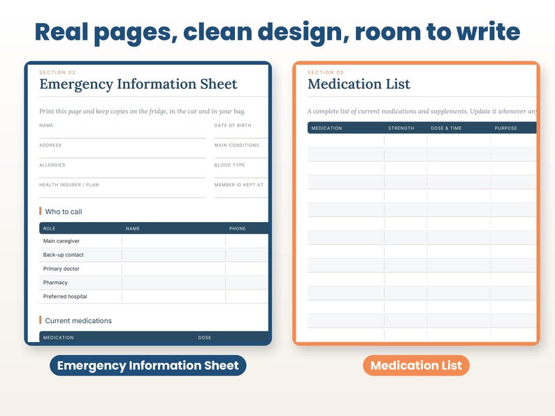 Close-up of real interior pages of the caregiver binder