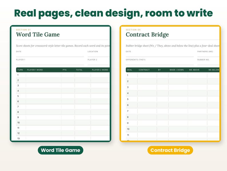 Close-up of real interior pages of the game night score sheets