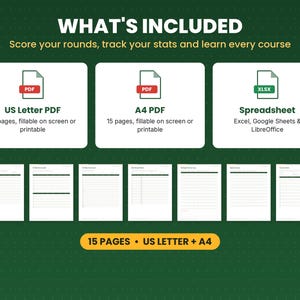 What is included in the disc golf scorecard: files, formats and 15 pages