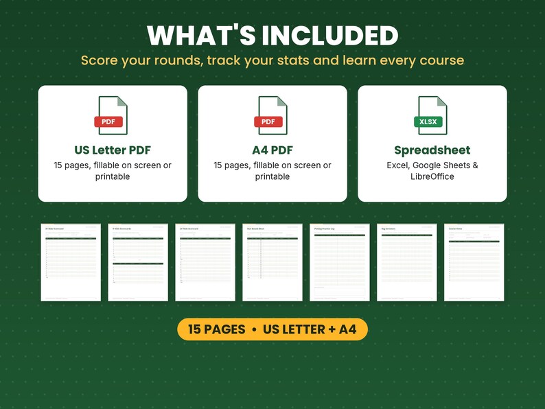 What is included in the disc golf scorecard: files, formats and 15 pages
