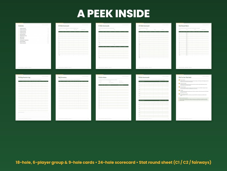 Preview grid of pages inside the disc golf scorecard