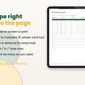 Filled-in example page of the disc golf scorecard on a tablet with key features listed