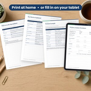 Rental Property Analysis Spreadsheet printed on a desk and shown on a tablet, printable and fillable