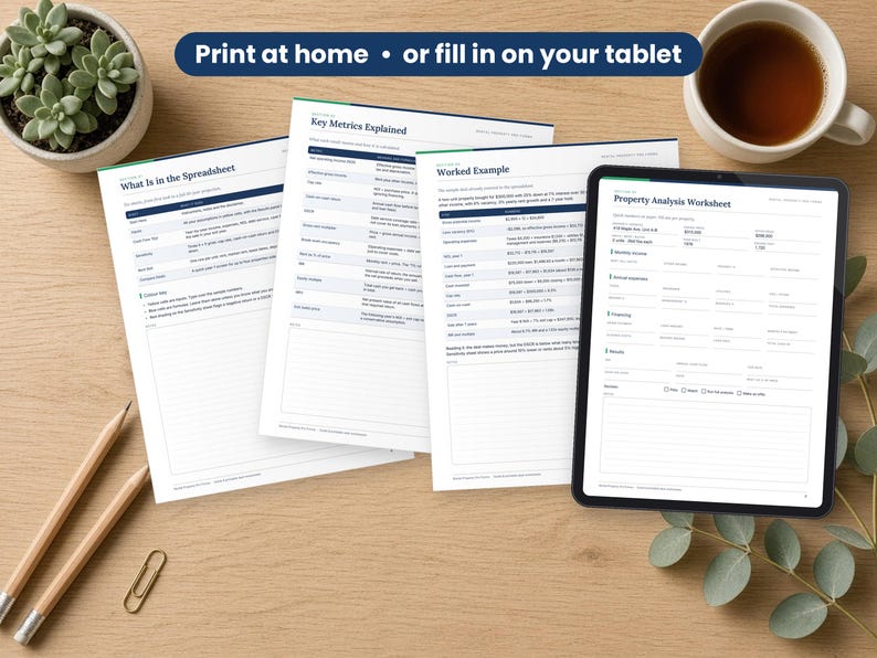 Rental Property Analysis Spreadsheet printed on a desk and shown on a tablet, printable and fillable