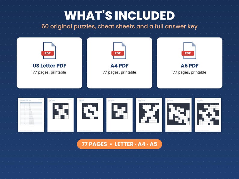 What is included in the kakuro puzzle book: files, formats and 77 pages