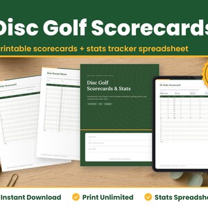 Disc Golf Scorecards digital download hero image: printed pages and tablet showing the real disc golf scorecard pages