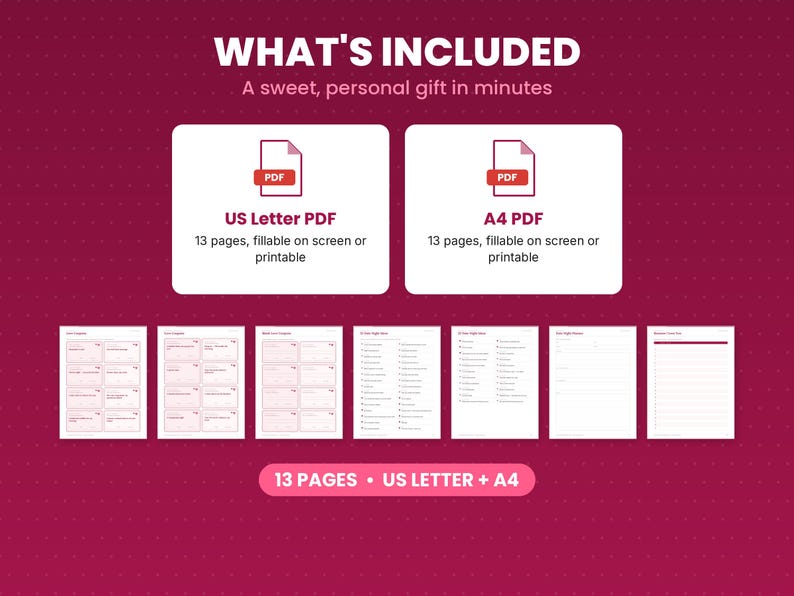 What is included in the love coupons: files, formats and 13 pages