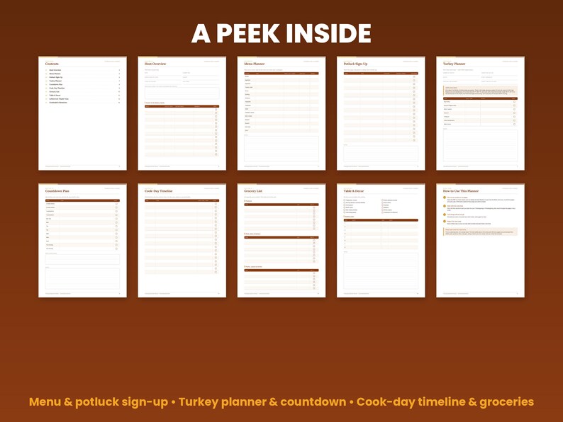 Preview grid of pages inside the thanksgiving dinner planner