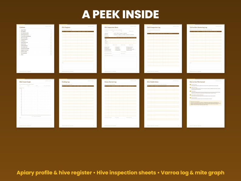 Preview grid of pages inside the beekeeping journal