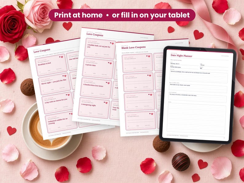 Love Coupons & Date Night Ideas printed on a desk and shown on a tablet, printable and fillable