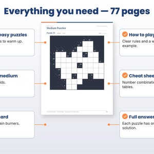 Feature callouts for the kakuro puzzle book page layouts