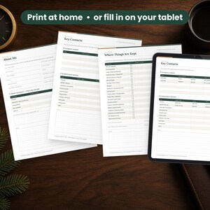 If Something Happens to Me Binder printed on a desk and shown on a tablet, printable and fillable