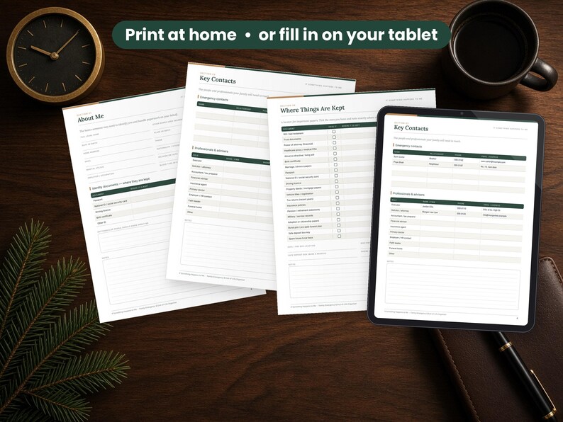 If Something Happens to Me Binder printed on a desk and shown on a tablet, printable and fillable