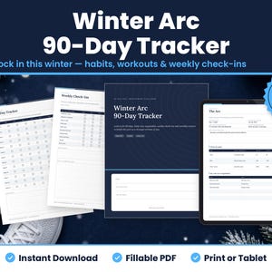 Winter Arc 90 Day Challenge Tracker Printable, Fillable Habit Tracker PDF, Workout Log, Goal Planner and Weekly Check In, Letter A4