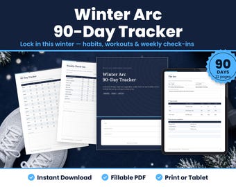 Winter Arc 90 Day Challenge Tracker Printable, Fillable Habit Tracker PDF, Workout Log, Goal Planner and Weekly Check In, Letter A4