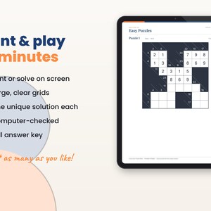 Filled-in example page of the kakuro puzzle book on a tablet with key features listed