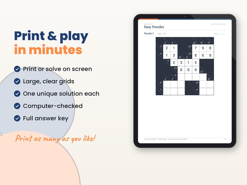 Filled-in example page of the kakuro puzzle book on a tablet with key features listed